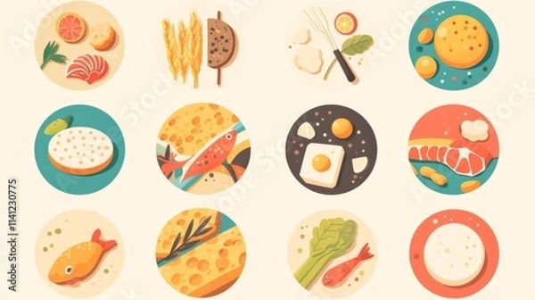 Fototapeta A set of 14 food allergen icons, each represented as round colored vector symbols with editable strokes, including allergens  