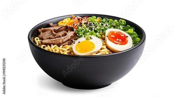Obraz Delicious Ramen Bowl with Eggs and Fresh Vegetables on White Background