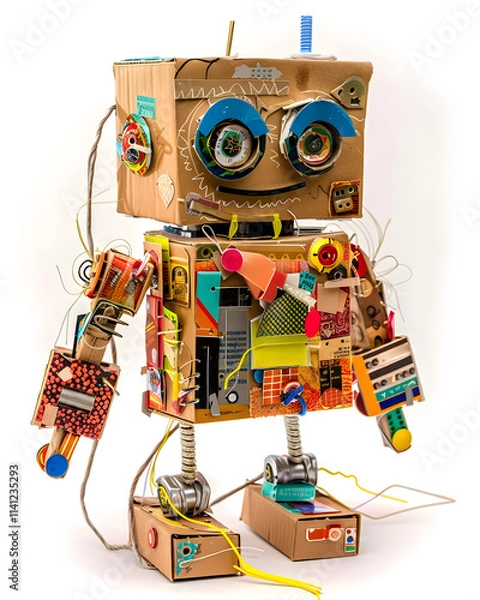 Obraz Explore a lively DIY cardboard robot adorned with retro accessories. It exemplifies inventive use of recycled materials and vibrant colors, showcasing creativity and playful details