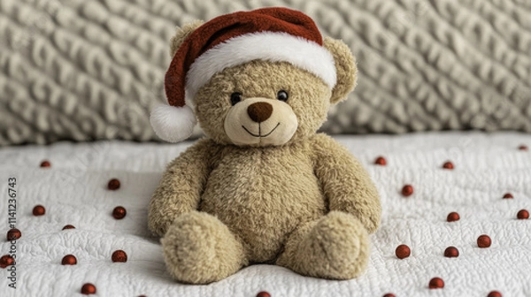 Fototapeta cute teddy bear wearing Santa hat sits on white blanket surrounded by red beads, evoking warm and festive holiday spirit