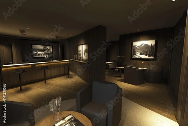 Fototapeta Modern interior design of a stylish lounge area featuring warm tones, elegant furniture, and artistic black-and-white wall art in a contemporary setting