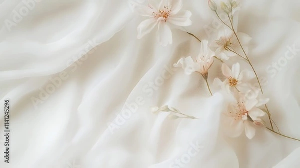 Fototapeta Soft White Fabric with Delicate Flowers and Natural Textures