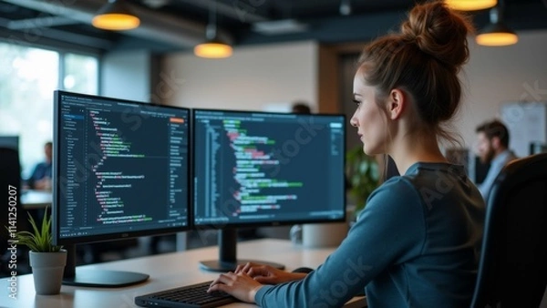 Obraz The image shows a young woman sitting at a desk in front of two computer monitors. She is wearing a blue shirt and has her hair tied up in a bun.