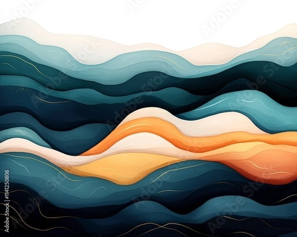 Fototapeta A colorful abstract design featuring flowing waves in shades of blue, orange, and cream, evoking a sense of movement and tranquility.