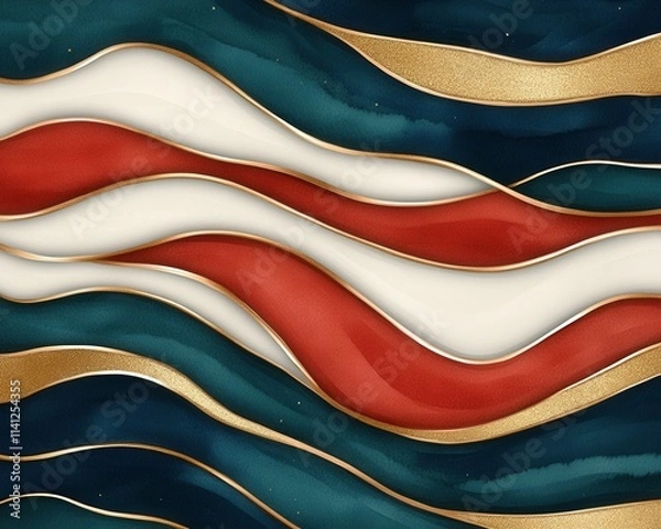 Obraz This image features a flowing abstract design with wavy lines in rich colors like navy, cream, and rust, accented by gold, creating a sense of movement and elegance.