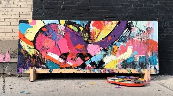 Obraz A street artist's palette filled with colorful paint, sitting next to a work in progress.