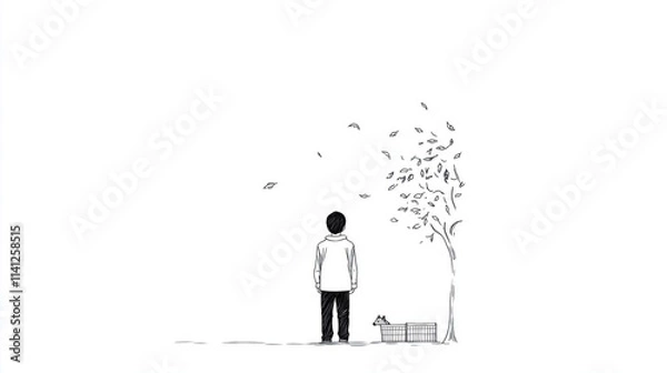 Fototapeta A serene scene depicting a boy with a dog under a tree, enjoying nature's tranquility.