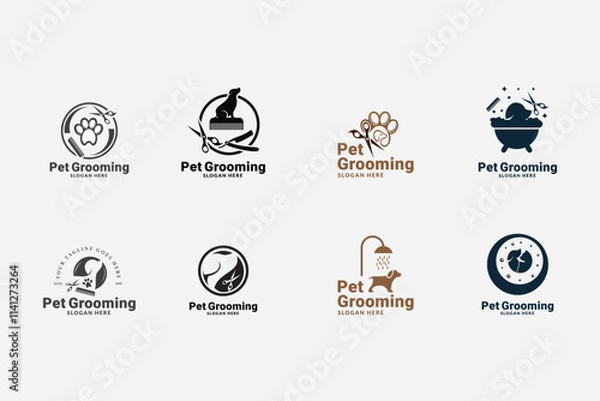 Fototapeta pet grooming icon, animal grooming salon, dog or cat paw, scissors with comb for groomer, flat symbol - editable stroke vector illustration