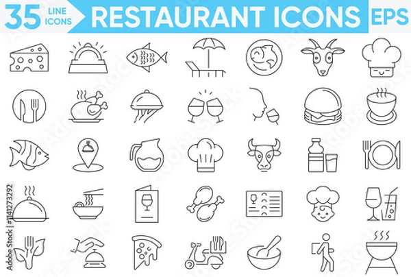 Fototapeta Restaurant Line Icons Set.cafe, bistro. Linear icon collection.Restaurant business and food delivery icon concept.Vector and illustrator set.