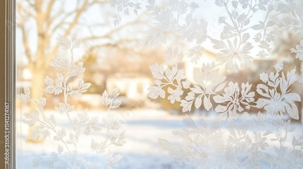 Fototapeta Delicate Lace Curtain Filtering Soft Winter Light Through Window with Scenic Outdoor View of Snowy Landscape and Bare Trees in Background