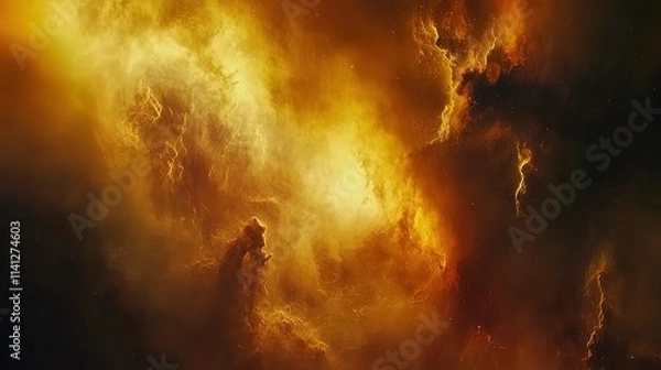 Fototapeta Fiery orange and yellow nebula cosmic clouds in outer space.