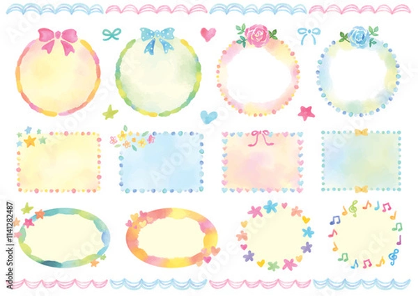 Fototapeta リボンや花のガーリーな飾り付きの水彩フレームセット