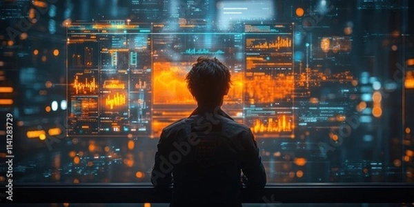Fototapeta Businessman Analyzing Financial Growth Data in Futuristic Digital Environment with Graph Charts and Market Strategies