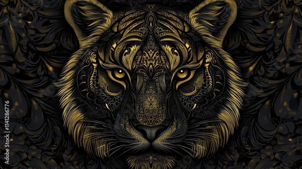Fototapeta A stunning golden tiger portrait featuring intricate patterns and bold colors, highlighting its fierce beauty.