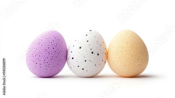 Fototapeta Three colorful, speckled eggs displayed on a white background.