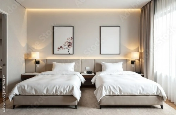 Fototapeta modern room for two young women, two white beds, wallpaper on the wall, and elegant works of art. , emphasizing the modern simplicity of the space