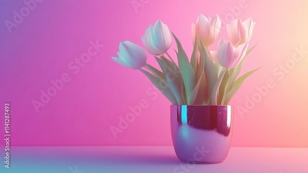 Obraz A Beautiful Arrangement of Soft Pink Tulips in a Shiny Pot Against a Gradient Pink and Purple Background Creating a Serene and Elegant Atmosphere