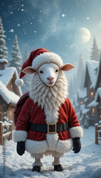 Fototapeta A sheep dressed as Santa Claus stands in a snowy Christmas village, ready to spread holiday cheer.