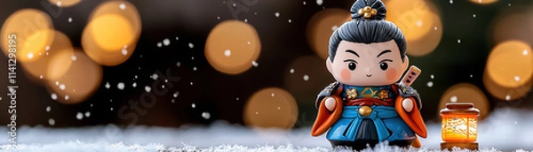 Fototapeta A stylized figure in traditional attire stands amidst falling snow, with glowing lanterns and a bokeh background, evoking a whimsical, festive atmosphere.