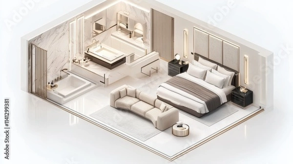 Fototapeta A clean and modern 3D isometric design of a luxury hotel suite, isolated on white. The layout features a living space with a plush sofa, a spacious bedroom with a king-sized bed, and an en-suite 