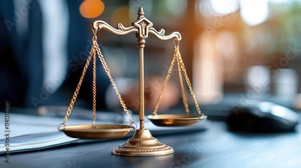 Obraz Close up of a brass scale of justice an iconic symbol of fairness and impartial decision making balanced precariously on a wooden desk with scattered legal documents and papers