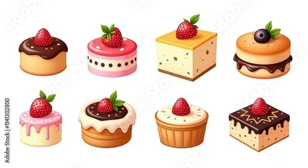 Fototapeta Colorful Dessert Set of Illustrated Cakes with Chocolate, Berry, and Cream Toppings for Graphic Use and Design Inspiration