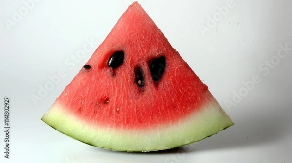 Fototapeta A fresh, sliced watermelon triangle isolated on a white background, showcasing its juicy red pulp, contrasting black seeds, and crisp green rind. The clean composition reflects summer, hydration, 