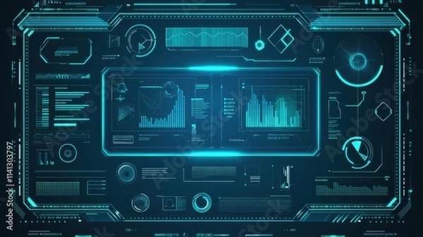Fototapeta A futuristic holographic data panel background with glowing neon lines, floating geometric shapes, and digital charts. The gradient backdrop features deep blue and teal tones, creating a cyber-inspire