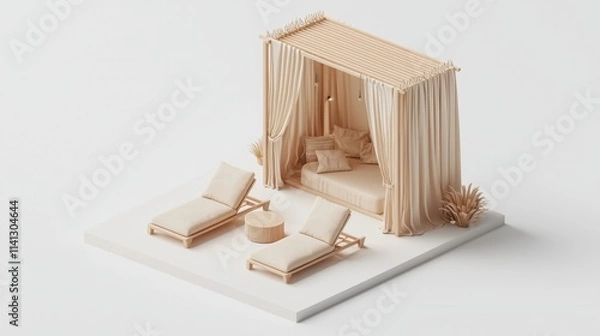 Fototapeta A high-end 3D isometric visualization of a luxury poolside cabana interior, isolated on white, featuring comfortable sun loungers, a small coffee table, and soft flowing curtains. The clean, 