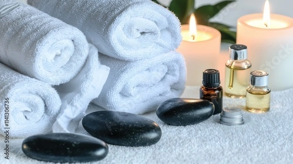 Fototapeta A luxury spa setting flat lay, including white rolled towels, scented candles, smooth black massage stones, and small glass bottles of essential oils, carefully arranged on a clean white isolated 