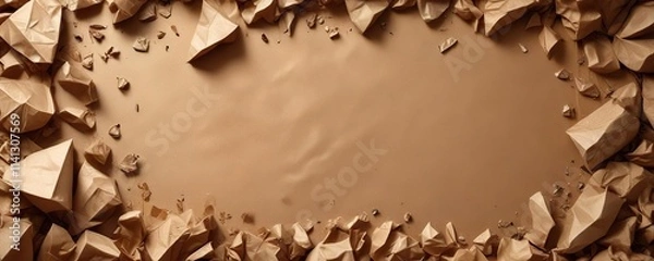 Fototapeta Crumpled brown paper texture with scattered cardboard fragments, paper shreds, cardboard scraps