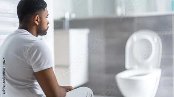Fototapeta Close-up of man sitting on modern toilet looking slightly uncomfortable, clean minimalistic bathroom environment with copy space for text.