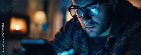 Obraz Man scrolling through social media on his phone at night in a dimly lit room with a focused expression