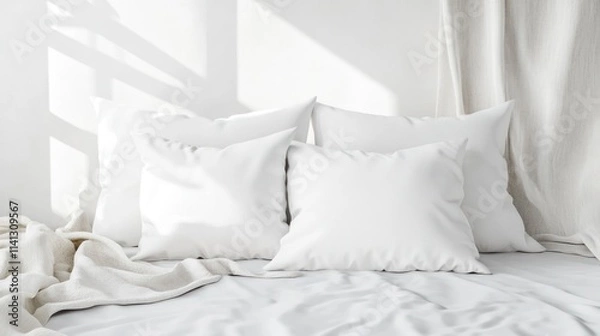 Obraz Sunlit Serenity: Minimalist Bedroom with Crisp White Pillows and Linen