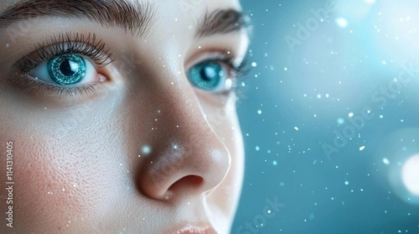 Obraz Closeup portrait of a thoughtful ethereal looking woman with sparkling snow and a glowing winter inspired beauty