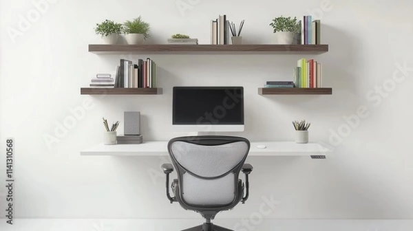 Fototapeta A sleek and modern home office setup on a white background, featuring a minimalist desk with a computer, an ergonomic chair, and stylish shelves with books and decorative plants. The clean and 