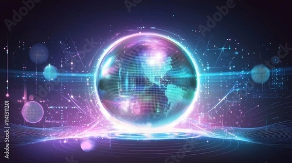 Obraz A sleek holographic sphere illustration at the center of a futuristic background, emitting glowing data lines and light waves. Floating particles and abstract grid patterns surround the sphere, 