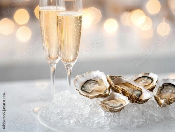 Obraz valentine food romantic flavors concept, A stylish display of oysters on ice accompanied by two flutes of sparkling wine, perfect for a festive celebration.