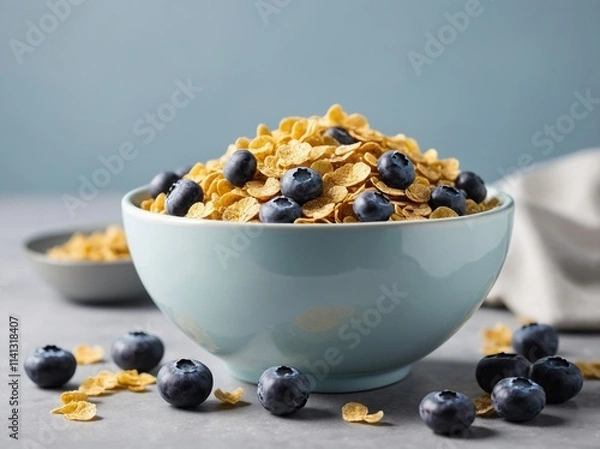 Fototapeta A simple bowl of cereal filled with golden flakes, topped with a few fresh blueberries for a pop of color.