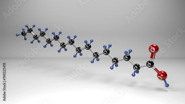 Fototapeta Palmitic acid molecule. Molecular structure of hexadecanoic acid, saturated fatty acid extracted from the fruit of oil palms, meats and dairy products.