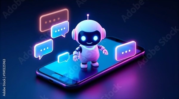 Fototapeta Futuristic Robot Chatbot Assisting on Smartphone, Neon Glow, Digital Communication, AI Support, Virtual Assistance