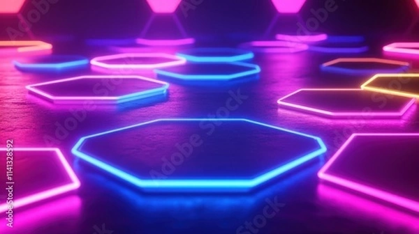 Fototapeta A vibrant display of glowing hexagonal neon lights in shades of blue, pink, and purple, creating a dynamic atmosphere.