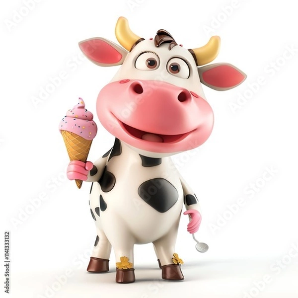 Fototapeta Adorable 3D cow character with ice cream on white background, cartoon style, bright colors, standing pose, high-resolution, smiling face