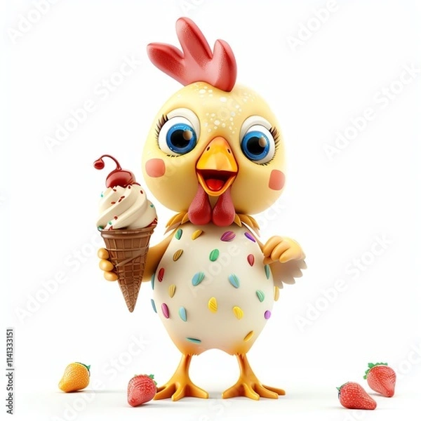 Fototapeta Adorable 3D chicken character with ice cream on white background, cartoon style, bright colors, standing pose, high-resolution, smiling face