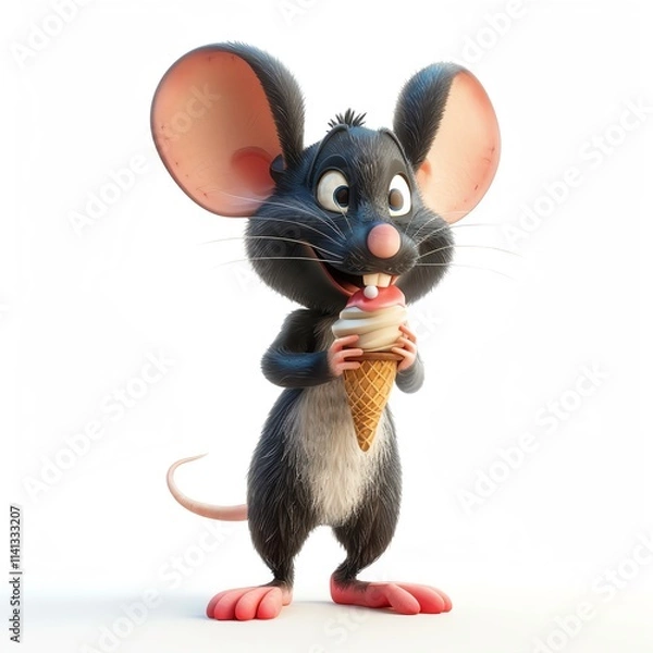 Fototapeta Adorable 3D mouse character with ice cream on white background, cartoon style, bright colors, standing pose, high-resolution, smiling face