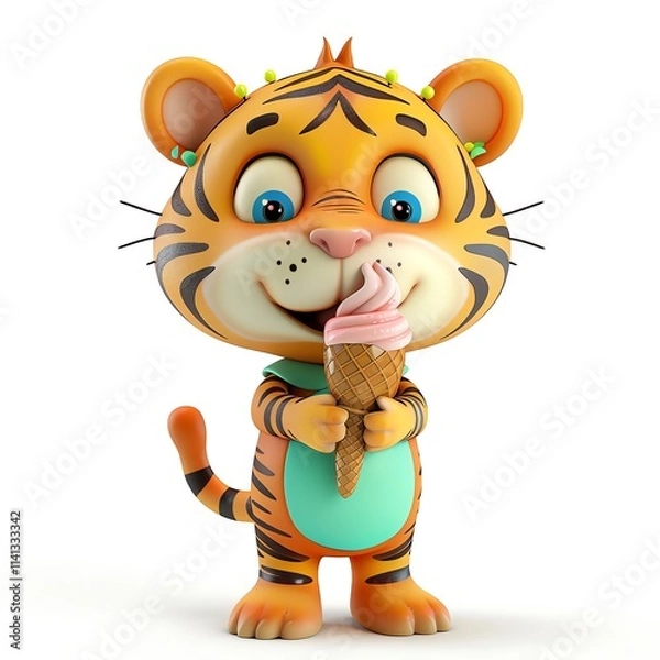 Fototapeta Charming 3D tiger clipart holding ice cream, isolated white backdrop, bright and colorful, cartoon style, friendly face, detailed features, centered