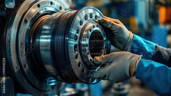 Fototapeta A skilled technicians hands meticulously applying a protective grease to a bearing capturing the careful attention to detail that contributes to the prolonged effectiveness of machinery.
