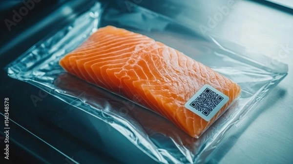 Fototapeta Fresh salmon fillet in vacuum packaging with a QR code, showcasing modern food presentation and traceability.