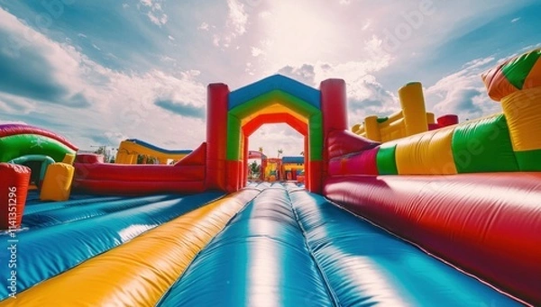 Fototapeta Colorful Inflatable Obstacle Course on a Sunny Day
