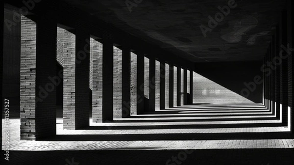 Fototapeta Monochromatic perspective of pillars casting shadows, creating a strong geometric pattern.